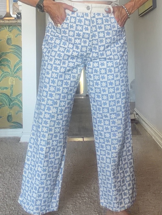 Lisa Says Gah Pants - Lisa Says Gah Blue and White Checked Floral Wide-Leg Pants